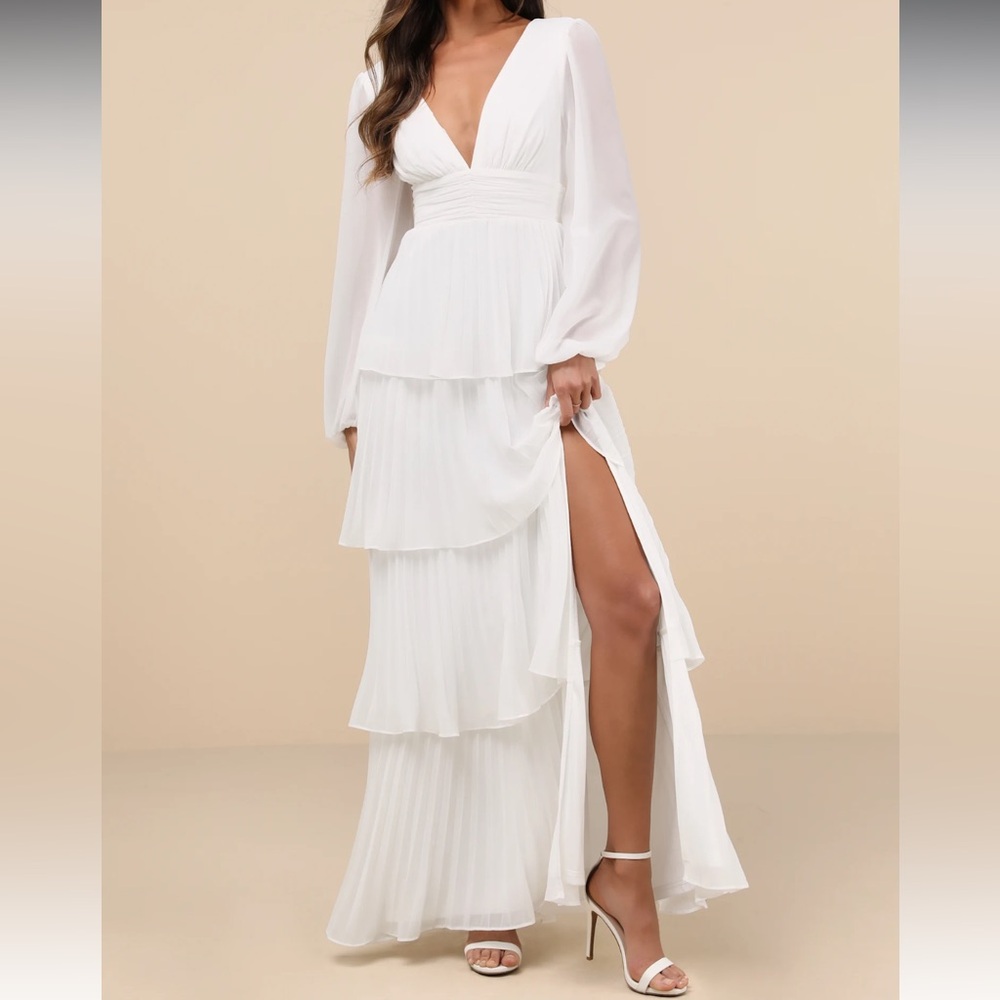 Lulus XL Graceful Finesse White Pleated Long Sleeve Maxi Dress